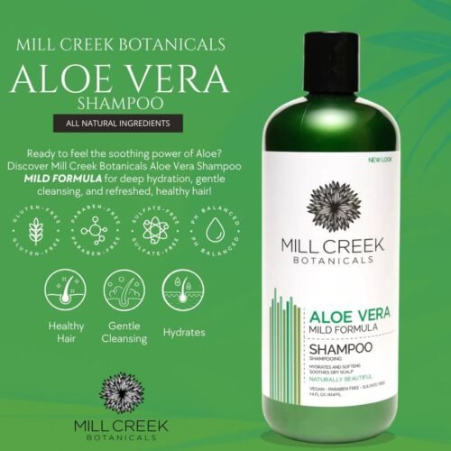 Mill Creek Aloe Vera Shampoo – 14 fl. oz. natural and organic formula for gentle, nourishing hair care with aloe vera extract.