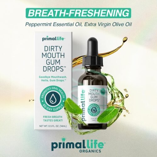 Primal Life Organics Dirty Mouth Gum Serum – 0.5 oz bottle with natural essential oils, organic and vegan formula that supports fresh breath and healthy gums, paleo and gluten-free.