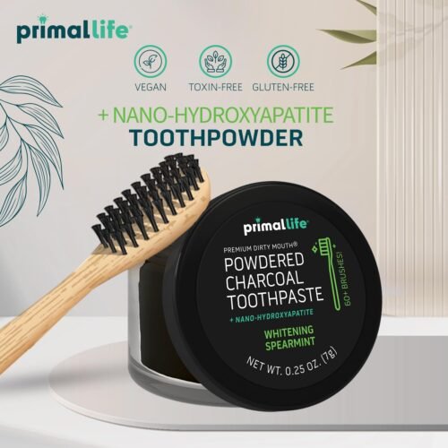 Primal Life Organics Dirty Mouth Toothpowder – Black Spearmint flavor, 0.25 oz with activated charcoal, kaolin and bentonite clay, essential oils, organic vegan tooth cleaning powder for 200+ brushings.