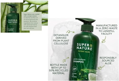 Super Nature Potent Aloe Gentle Moisture Shampoo and Conditioner – 30 fl oz bottle, sulfate-free formula for nourishing, hydrating hair care with aloe vera.