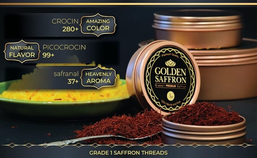 Golden Saffron premium all red saffron threads, Grade A+ Super Negin, Non-GMO verified, 2 grams jar for tea, paella, rice, desserts, golden milk, and risotto.