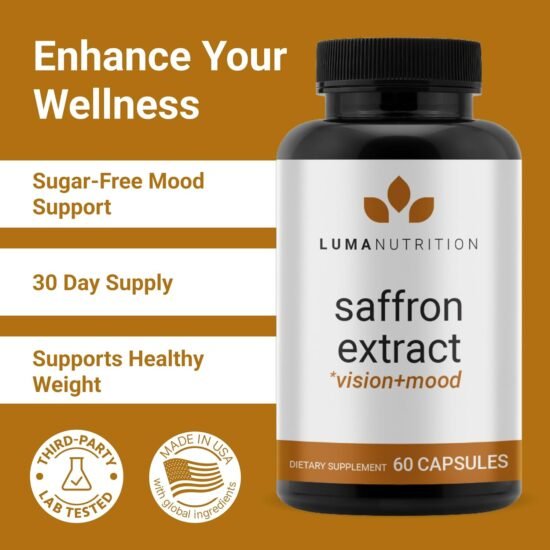 Luma Nutrition saffron extract capsules made from premium saffron threads, 88.50 mg pure saffron per serving, supports mood and eye health, 60 capsules made in the USA.