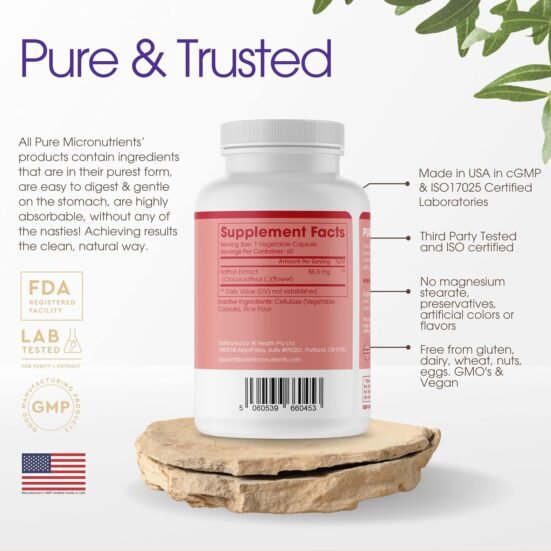 Saffron supplements with 100% pure saffron extract capsules, featuring benefits of saffron threads for boosting energy, mood, and supporting eye and heart health.