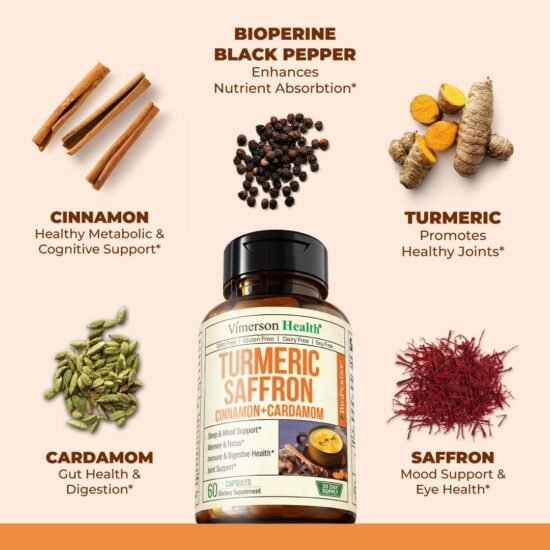 Turmeric curcumin supplement with saffron threads extract, black pepper, cardamom, and cinnamon capsules for mood, memory, eye health, and joint support — 60-count for women and men.